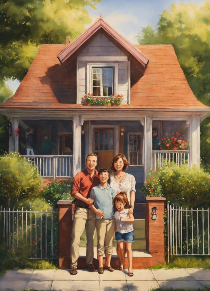 uma família em frente à sua casa